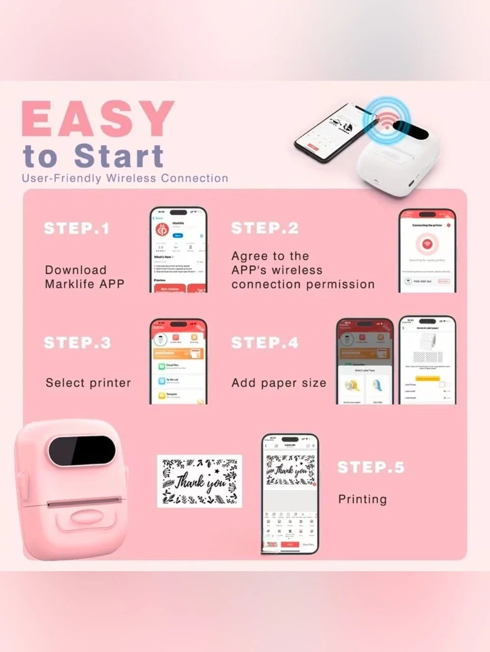 Mark Life Pink Portable Thermal Label Printer, Sealed, NEW